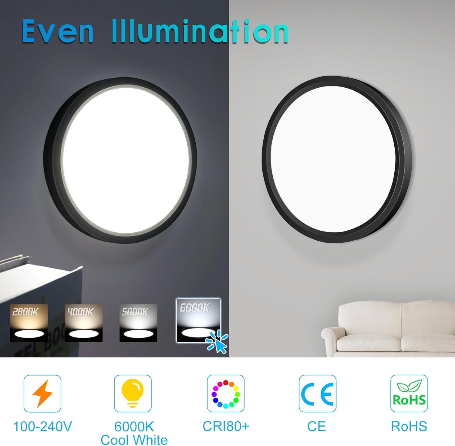 15.7 Inch Round LED Ceiling Light – 32W – Black – 3000K / 4500K / 5000K / 6500K – Flush Mount Ceiling Light for Home & Apartment Lighting – Local Stock (US/UK)