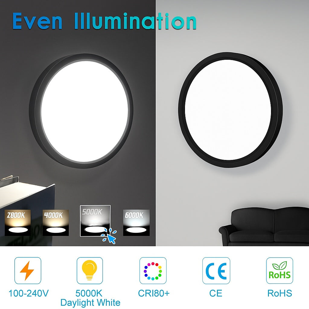 15.7 Inch Round LED Ceiling Light – 32W – Black – 3000K / 4500K / 5000K / 6500K – Flush Mount Ceiling Light for Home & Apartment Lighting – Local Stock (US/UK)