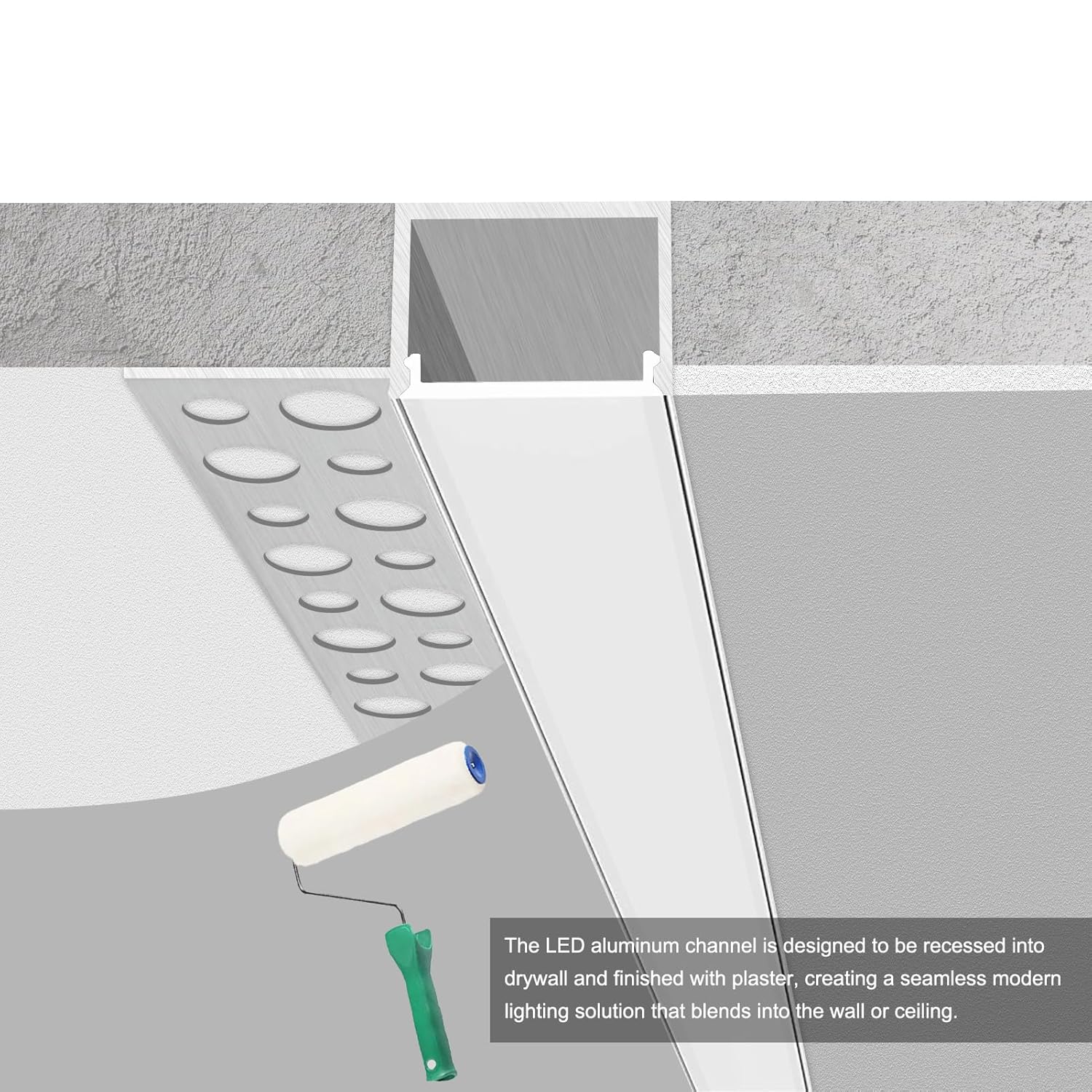 Profilés LED en aluminium pour cloison sèche, à encastrer sur une face – Compatibles avec des bandes LED de 1 à 20 mm | Argent | Revêtement blanc laiteux | 1/2/3 mètres | Argent | Revêtement blanc laiteux | Lot de 50/100