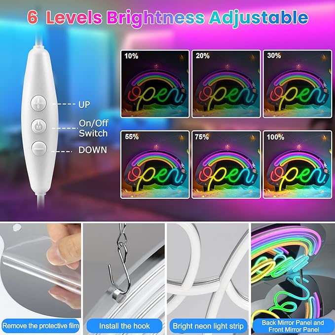 LED Open Neon Sign, Dimmable Open Signs for Business with ON/OFF Switch, 17"x12", 5V USB Powered Rainbow LED Neon Light Sign for Wall Decor, Shop, Bar, Home