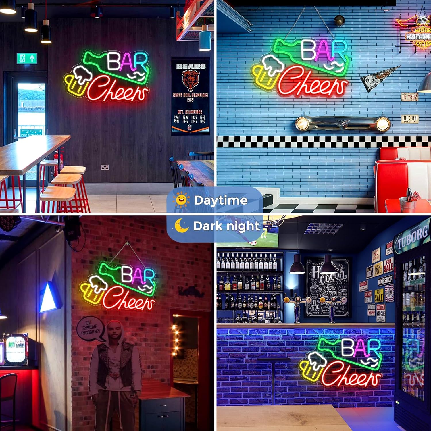LED-Schild „Bar Cheers“ – 16,1 × 9,8 Zoll | Mehrfarbiges Leuchten | USB-betrieben | Hängend | Ideal für Bar, Pub, Lounge, Nachtclub, Party-Stimmungsbeleuchtung