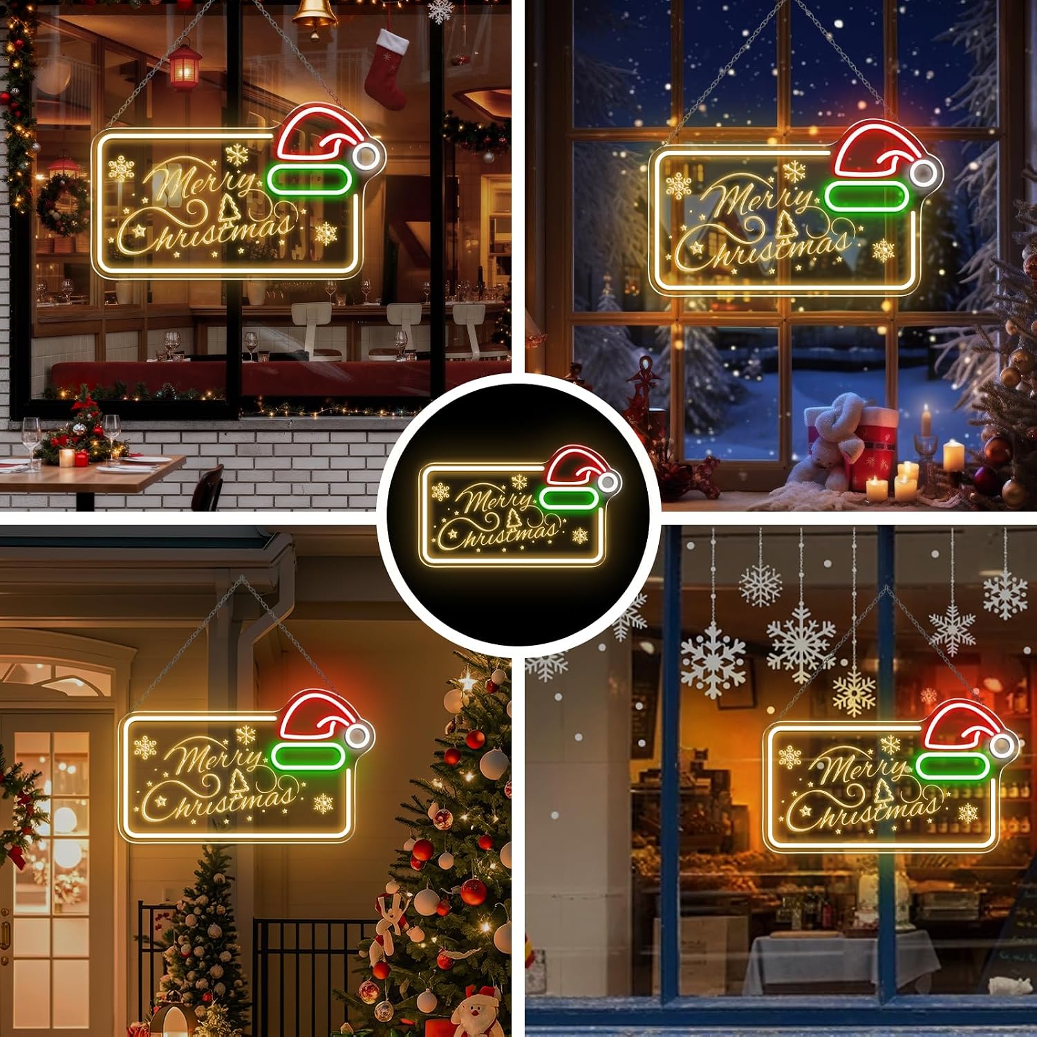 Good Vibes LED Sign – MERRY CHRISTMAS Silicone Neon Sign with Santa Hat – 16.5×10 Inch Yellow, Red, Green & White Glow Neon Lamp with Accessories Included | Hanging Holiday Decor for Christmas Party, Bedroom & Home Spaces
