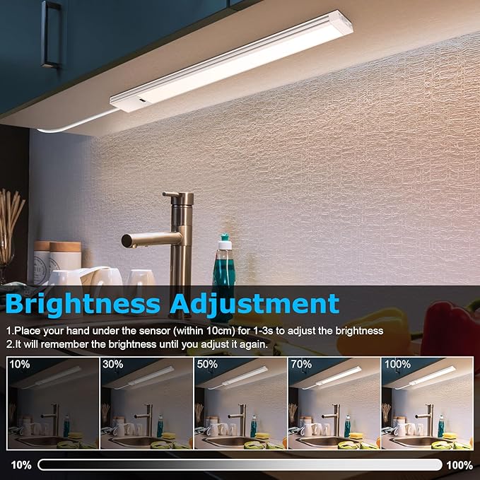 16 Inch Hand Wave Under Cabinet Lights, Ultra Bright 3000K/4000K/6000K Under Counter Lighting, Plug and Play, Dimmable LED Under Cabinet Lighting for Kitchen Cabinet, Cupboard, Closet, Desk (2 Pack)