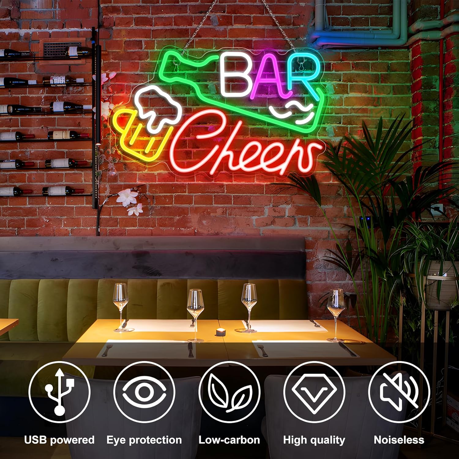 LED-Schild „Bar Cheers“ – 16,1 × 9,8 Zoll | Mehrfarbiges Leuchten | USB-betrieben | Hängend | Ideal für Bar, Pub, Lounge, Nachtclub, Party-Stimmungsbeleuchtung