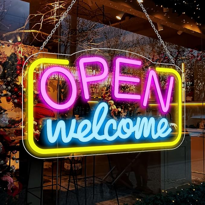 OPEN Welcome LED Silicone Neon Sign – 16×9 Inch (41×23 cm) Horizontal Style | USB Powered Pink, Blue & Yellow Glow Light for Storefront Window & Business Decor