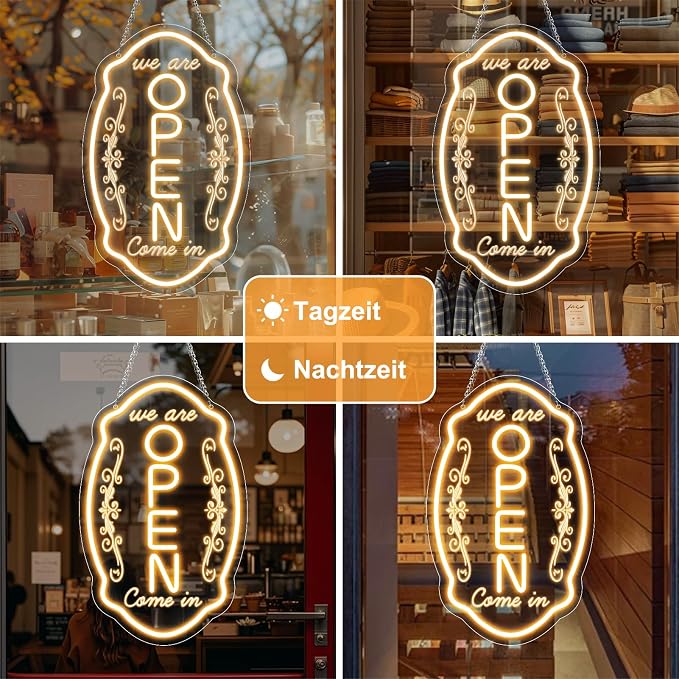 OPEN Neonschild – USB-betrieben | 43×22 cm (17×9 Zoll) | Horizontaler oder vertikaler Stil | Mehrfarbiges LED-Licht für Schaufenster und Geschäftsdekor