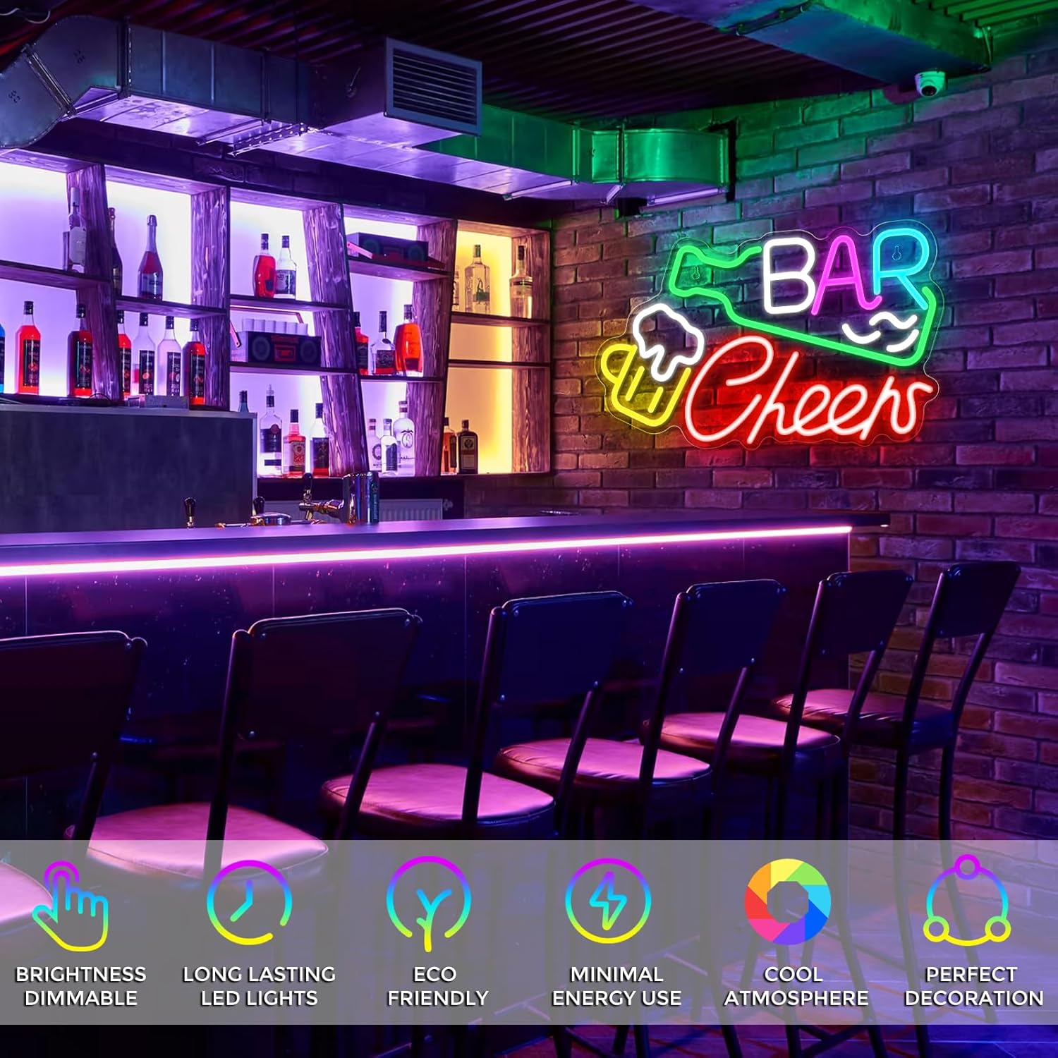 LED-Schild „Bar Cheers“ – 16,1 × 9,8 Zoll | Mehrfarbiges Leuchten | USB-betrieben | Hängend | Ideal für Bar, Pub, Lounge, Nachtclub, Party-Stimmungsbeleuchtung