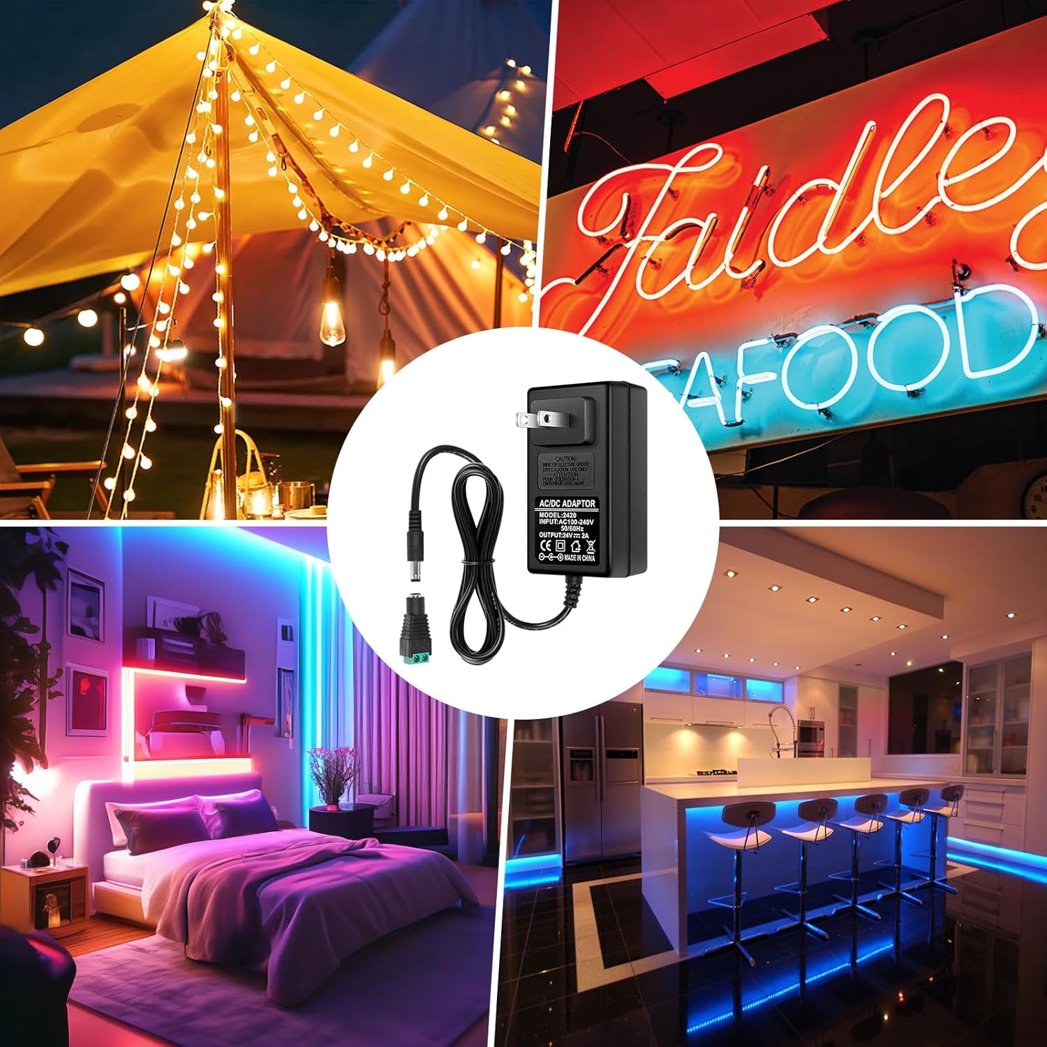 DC 24 V Netzteiladapter 48 W–72 W, AC 100–240 V auf 24 V Schalttransformator, LED-Treiber-Wandstecker-Ladegerät mit US-Stecker, schwarzes Gehäuse