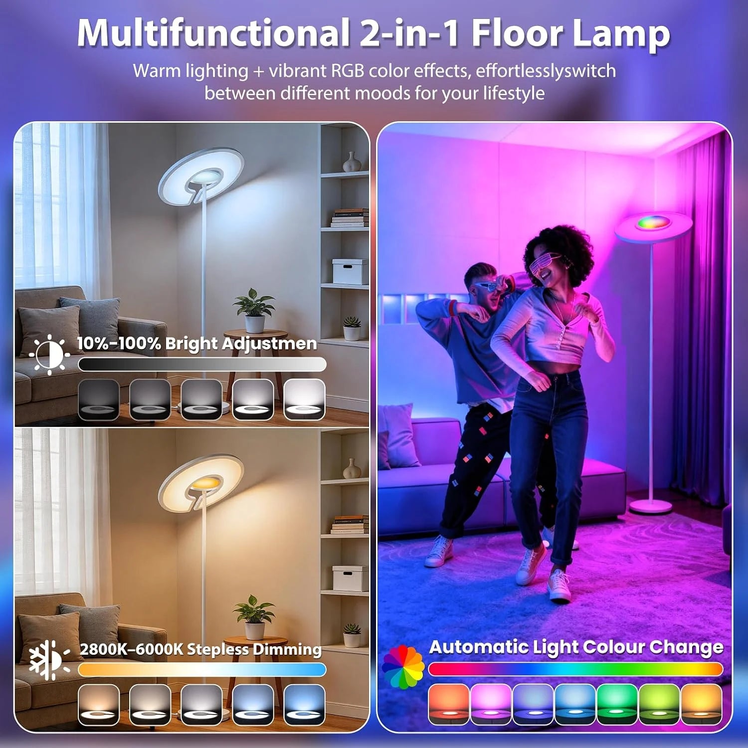 Smart Floor Lamp | 40W+8W LED Standing Lamp | Dimmable Floor Lamp with RGB Ambient Light | 2800-6000K | Remote Control | 2M Tall for Living Room Bedroom Office | US & UK Stock