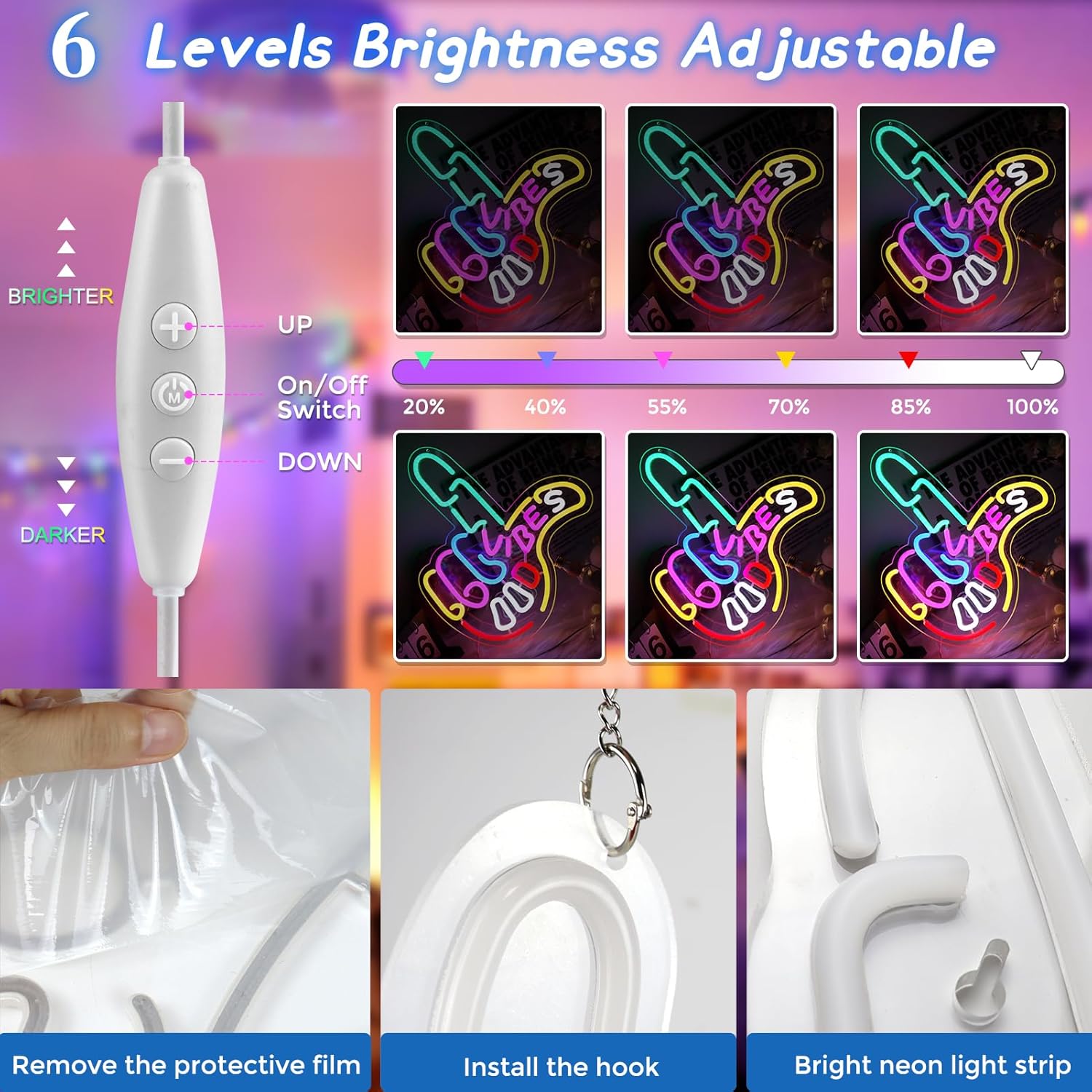 Panneau LED « Good Vibes » – Panneau « Main cool » | 43 cm x 33 cm | Néon USB pour décoration murale | À suspendre | Idéal pour chambre, dortoir, salon, fête
