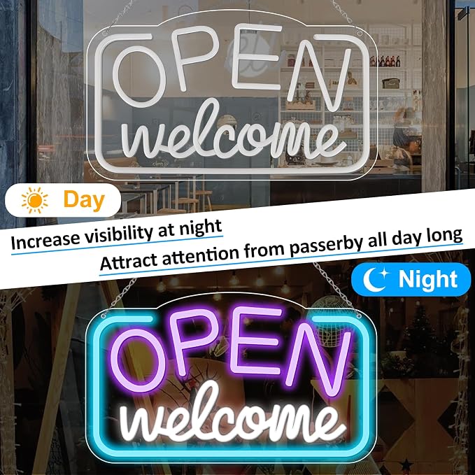 OPEN Welcome Silicone Neon Signs – USB Powered | 16.9×9.4 inch | LED Light for Storefront Window | 2 Color Options