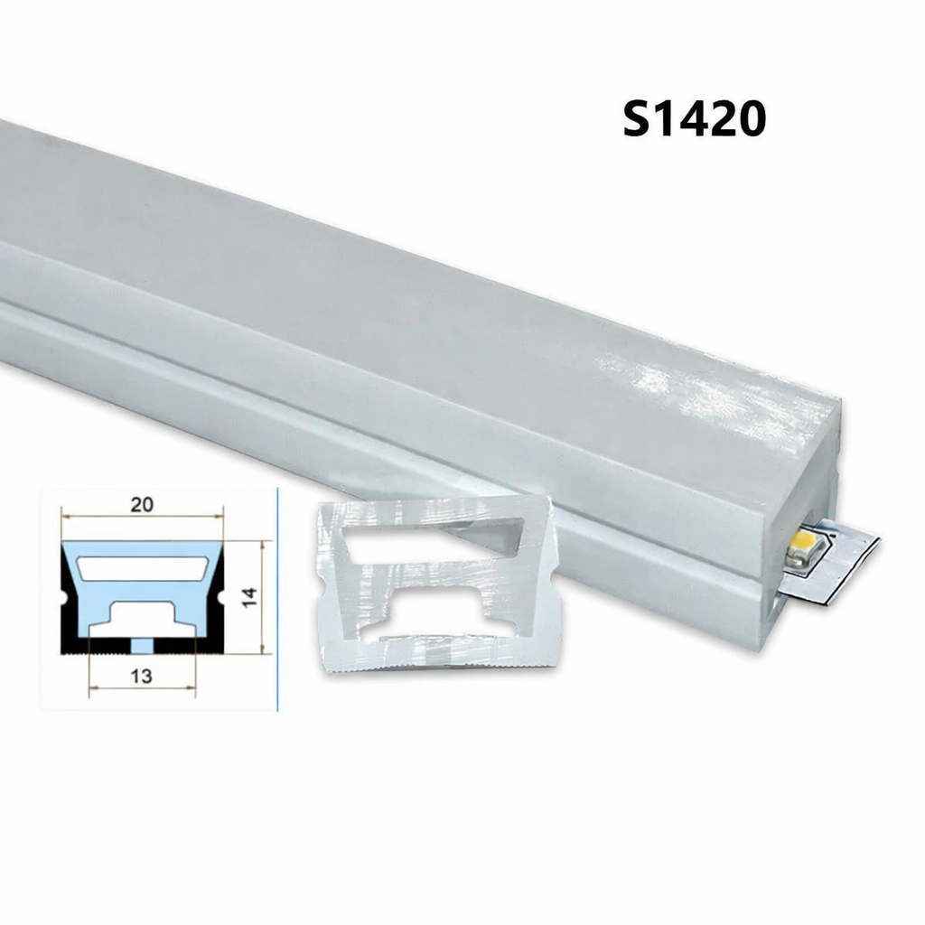 Neonlichtgehäuse – S1420 | 14 x 20 mm Silikon-LED-Kanalsystem | IP67 wasserdicht | 12 mm Leiterplattenbreite | 50 m | Lagerbestand in den USA/UK/DE