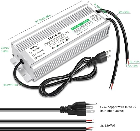 Wasserdichter 12-V-LED-Transformator, 90–140 V Eingang, 200 W–500 W, Einzel-/Doppelkabelausgang, CE/RoHS/FCC – US-Stecker und Kabeloptionen