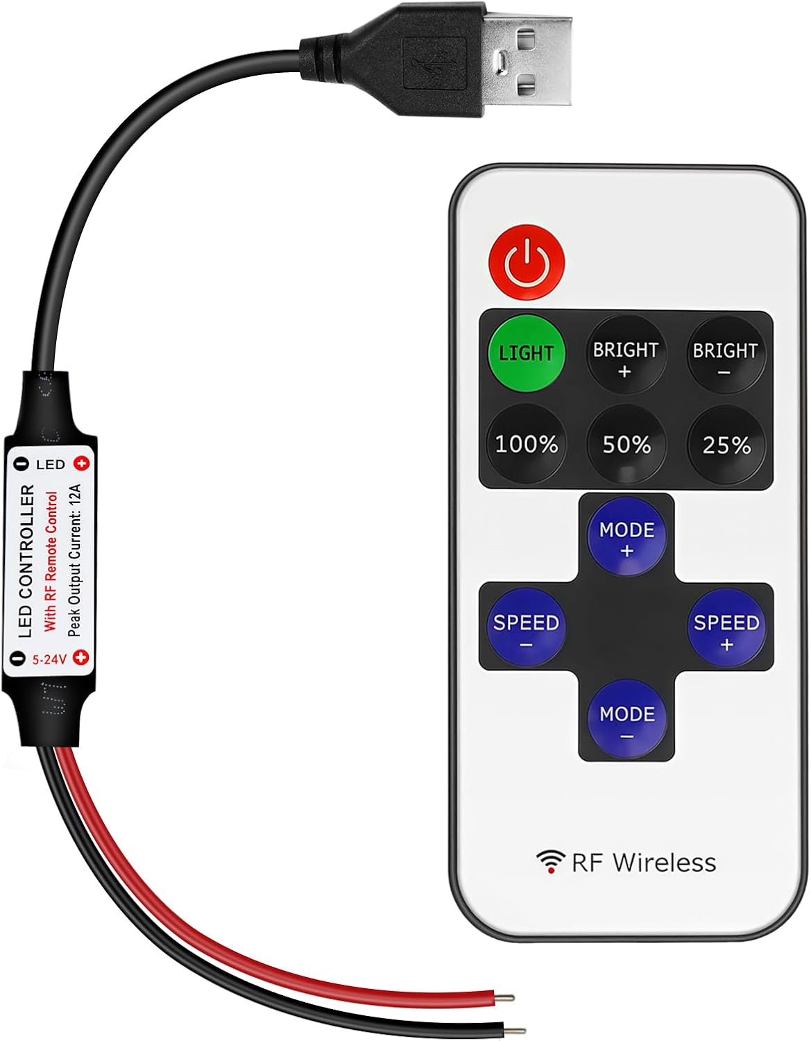 LED-Streifen-Controller – 5 V/24 V – Schwarze RF-Fernbedienung mit Dimmerfunktion | Für einfarbige 5050/3528-Streifen