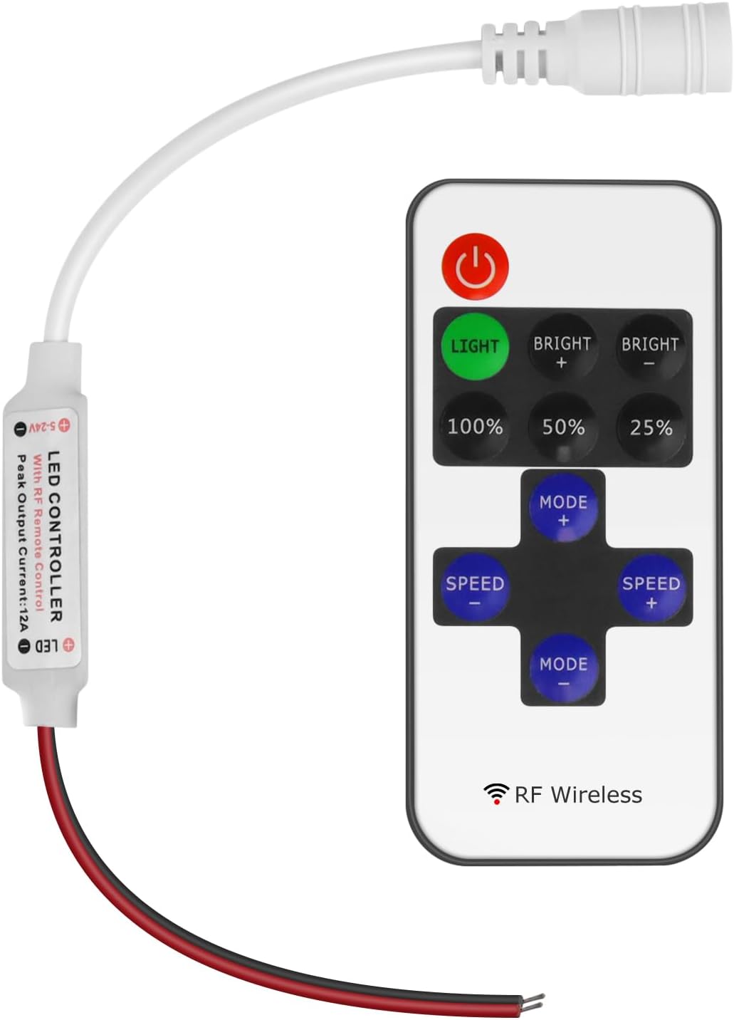 LED-Streifen-Controller – 5 V/24 V – Weiße HF-Fernbedienung mit Dimmerfunktion | Für einfarbige 5050/3528-Streifen