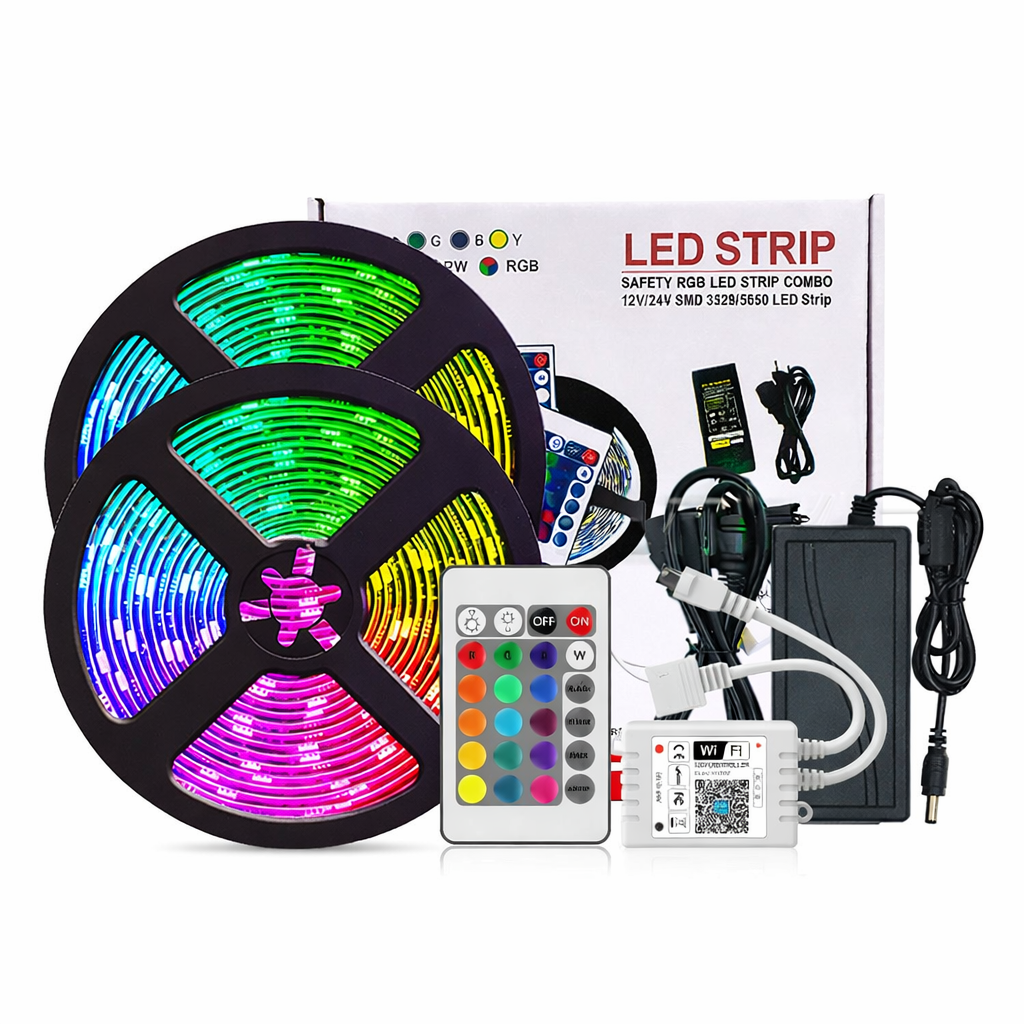 Smart WIFI SMD5050 300LEDs RGB LED Strip Light Kit - DC12V | 60 LEDs/M | 10mm PCB | IP00 / IP65 | 5M | RGB Color Changing LED Strip Lights with Alexa, Google Assistant | App Control & 24 Keys Controller + Power Supply | 5M
