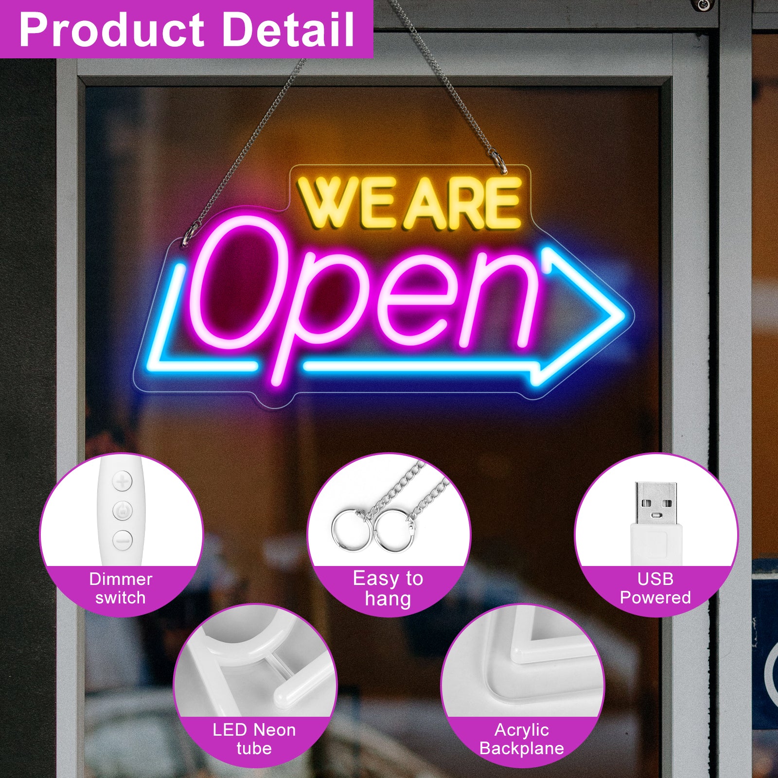 WE ARE OPEN Neon Sign – USB Powered | 16×8 inch (41×20 cm) | Arrow Shape LED Window Sign | 3 Color Combos for Storefront Display