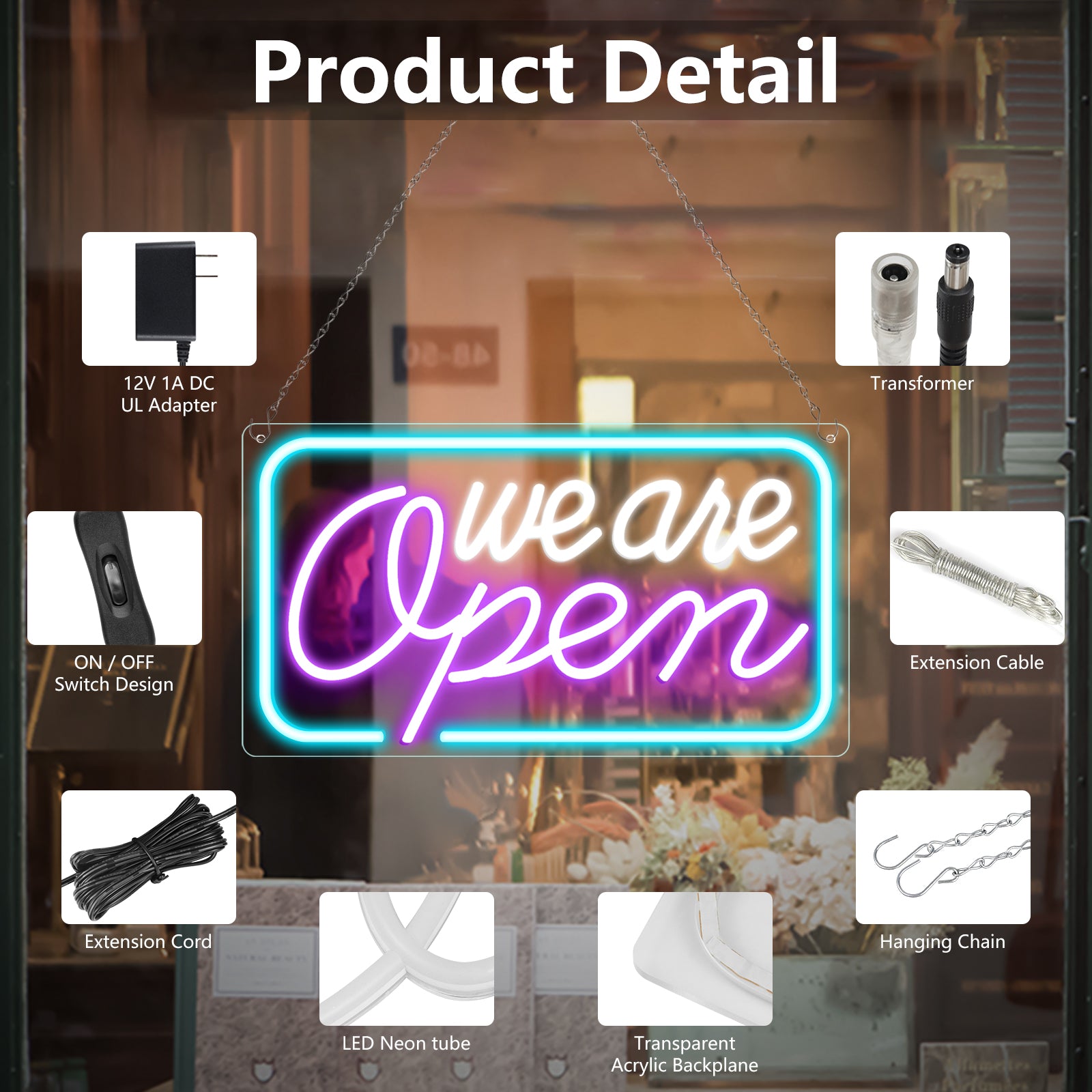 Wir haben geöffnet – Neonschild – 5 Leuchtfarbenoptionen | 42×23 cm (17×9 Zoll) | Fensteraufhängung | Plug & Play für Schaufenster
