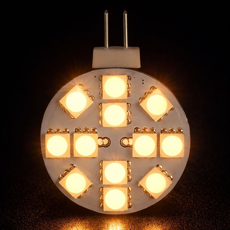 Lot de 4 ampoules à disque plat rondes G4 de 2,2 W (équivalent 25 W) CC 12 V, culot à deux broches, avec 12 LED tri-puces SMD5050