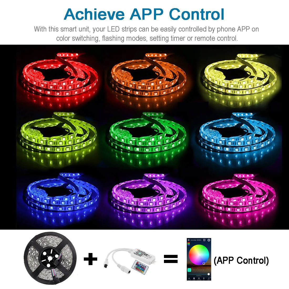 Smart WIFI SMD5050 150LEDs RGB LED Strip Light Kit - DC12V | 30 LEDs/M | 10mm PCB | IP00 / IP65 | 5M /10M | RGB Color Changing LED Strip Lights with Alexa, Google Assistant | App Control & 24 Keys Controller + Power Supply | 5/10M