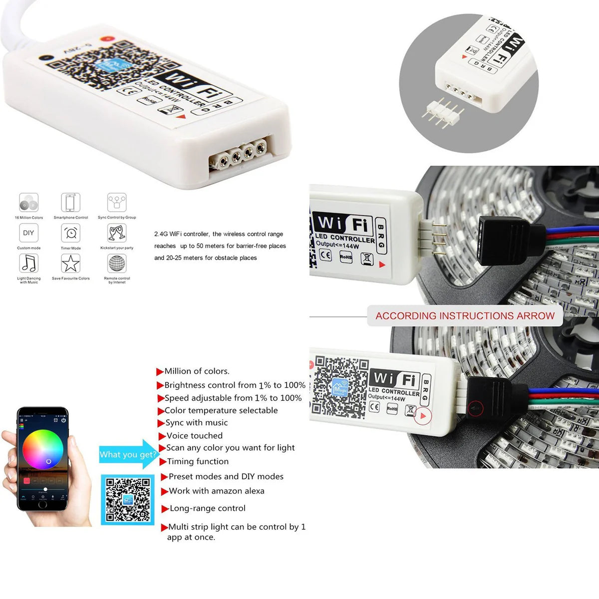 Smart WIFI SMD5050 150LEDs RGB LED Strip Light Kit - DC12V | 30 LEDs/M | 10mm PCB | IP00 / IP65 | 5M /10M | RGB Color Changing LED Strip Lights with Alexa, Google Assistant | App Control & 24 Keys Controller + Power Supply | 5/10M