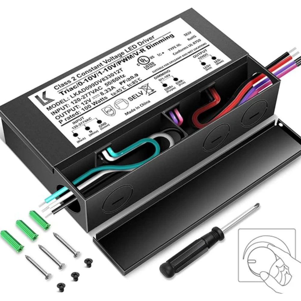 Alimentation LED 12 V CC 5 en 1 à intensité variable, 60 W/100 W/200 W, homologuée UL, entrée CA 120–277 V, pilote étanche pour contrôle Triac/ELV/0-10 V/PWM/résistif
