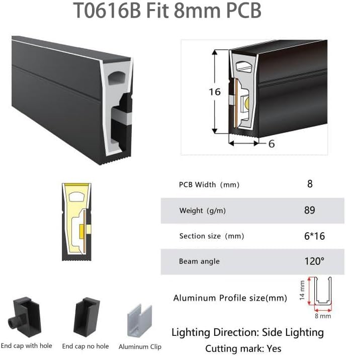 Neon Light Housing – S0616 Black Side Edge Lighting | 6x16mm Silicone LED Channel System | IP67 Waterproof | 8mm PCB Width | 164FT/50M