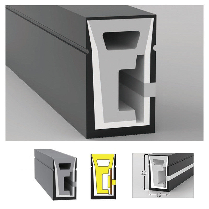 Tube néon LED en silicone noir flexible, 5 mètres, 12 x 20 mm, 120 °, émission par le haut, étanche IP67, pour bande lumineuse LED de 10 mm de large