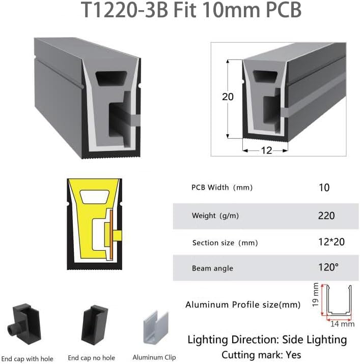 Tube néon LED en silicone noir flexible, 5 mètres, 12 x 20 mm, 120 °, émission par le haut, étanche IP67, pour bande lumineuse LED de 10 mm de large