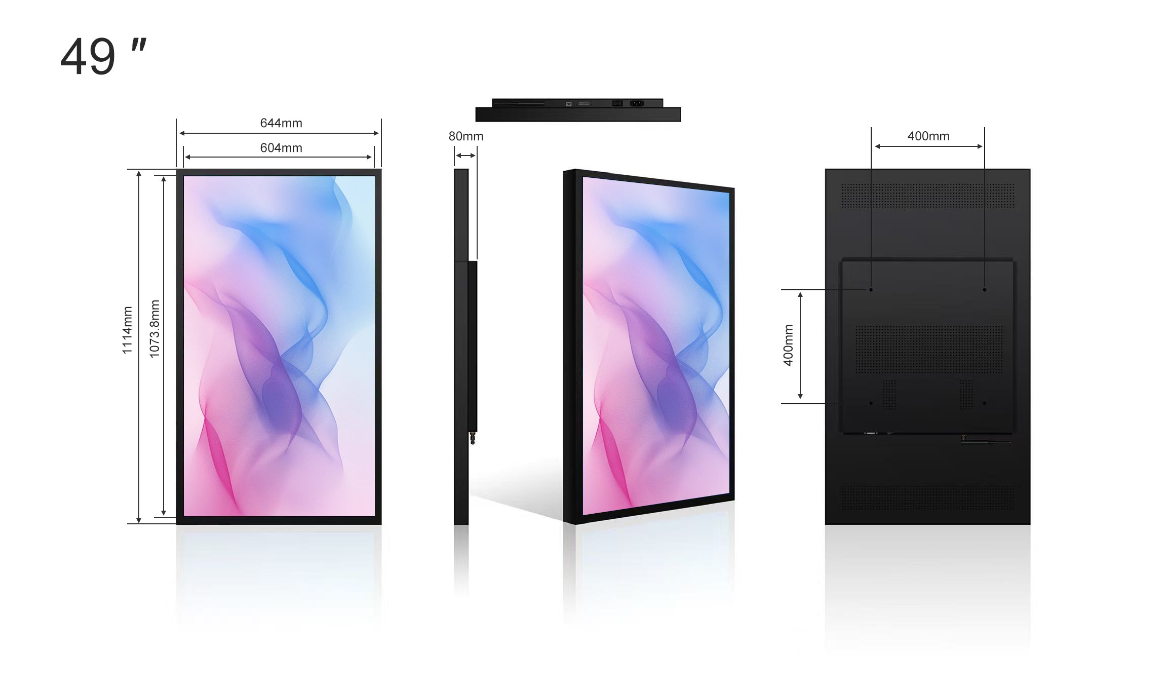 49" einseitiger 2500 Nits High Bright Window LCD-Bildschirm, Android RK3568 2G+32G, ohne Touch, Cloud/APP/USB, Wandmontage/Bodenständer/Hängemontage