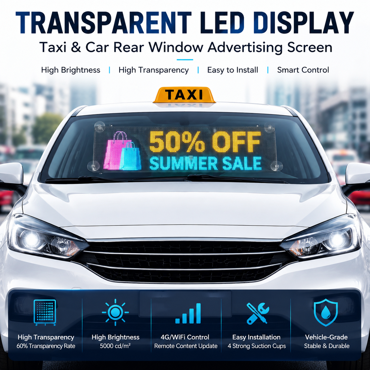 Taxi & Car Rear Window Transparent LED Display Panel High Brightness, Vehicle-Grade, Network Cluster Control
