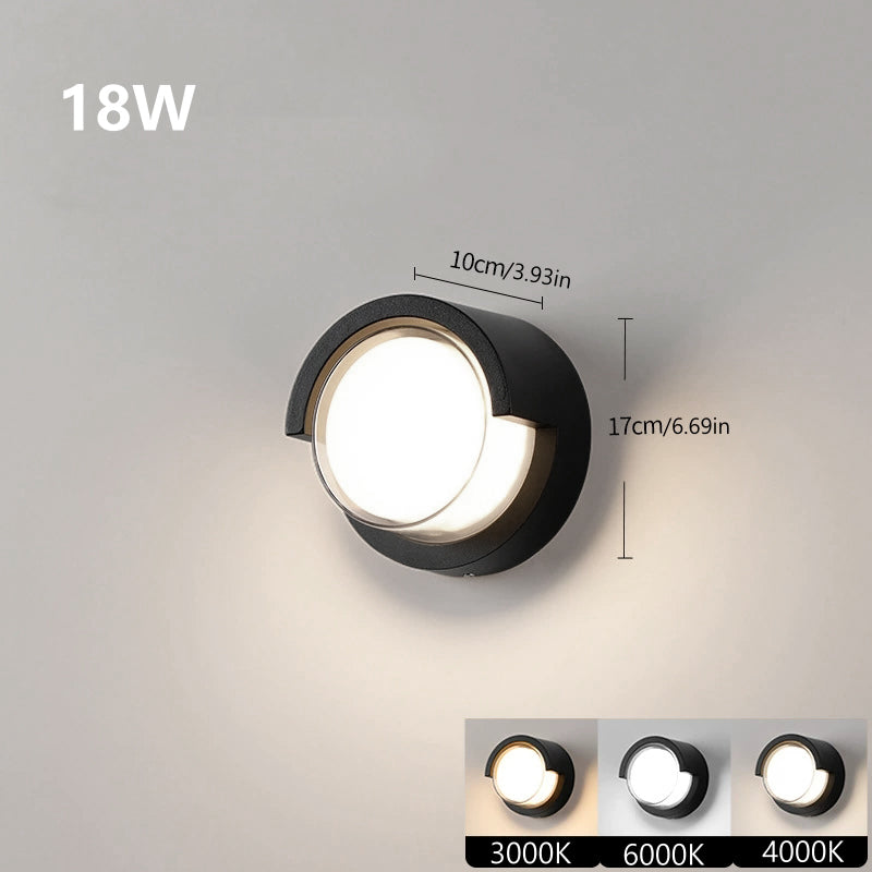 Round Halo Waterproof LED Wall Light – 18W | 3000K / 4000K / 6000K | Black Housing | Up & Down Outdoor Wall Sconce for Porch, Garden, Balcony & Indoor Decoration | Aluminum Housing | IP65 | 2-Pack