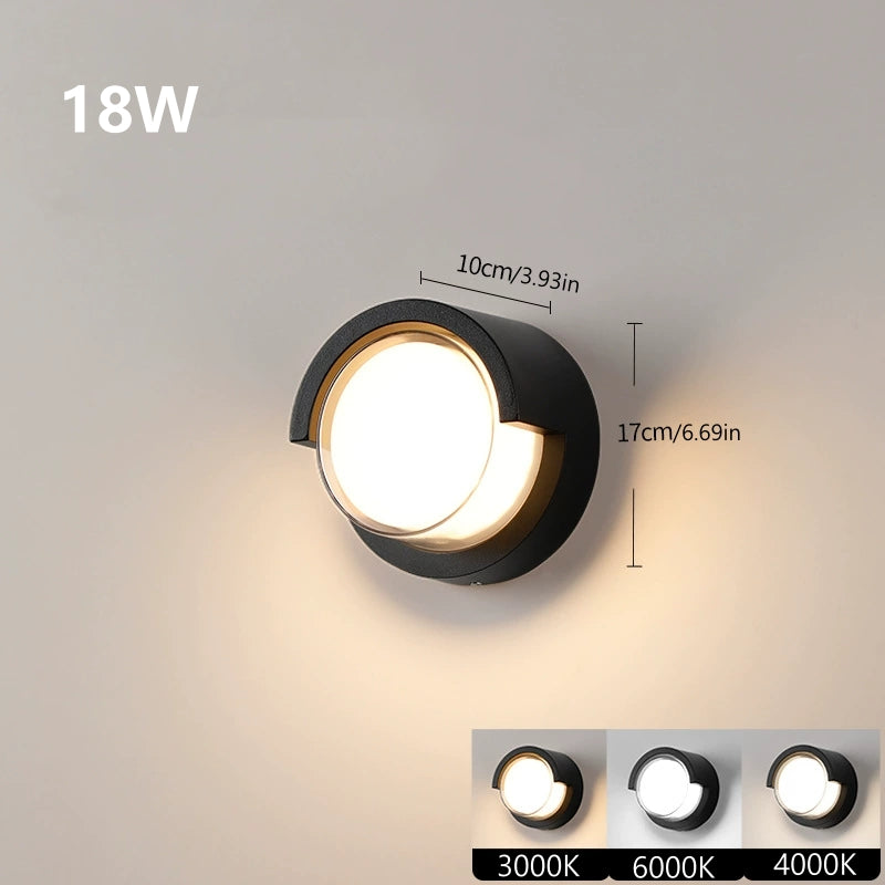 Round Halo Waterproof LED Wall Light – 18W | 3000K / 4000K / 6000K | Black Housing | Up & Down Outdoor Wall Sconce for Porch, Garden, Balcony & Indoor Decoration | Aluminum Housing | IP65 | 2-Pack