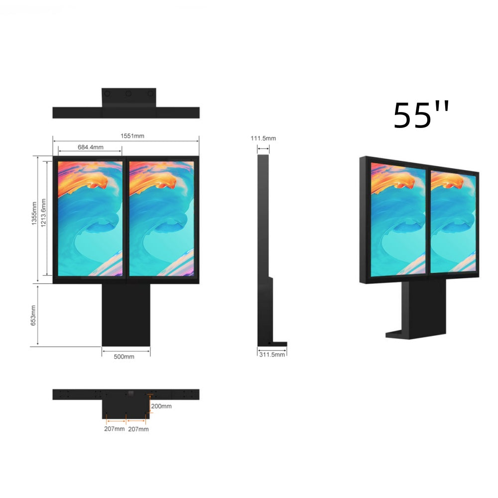 2500-Nit IP66 Outdoor Dual-Screen LCD Digital Signage | 43", 49" & 55" | Optical Bonding | Floor-Standing | Optional Touchscreen