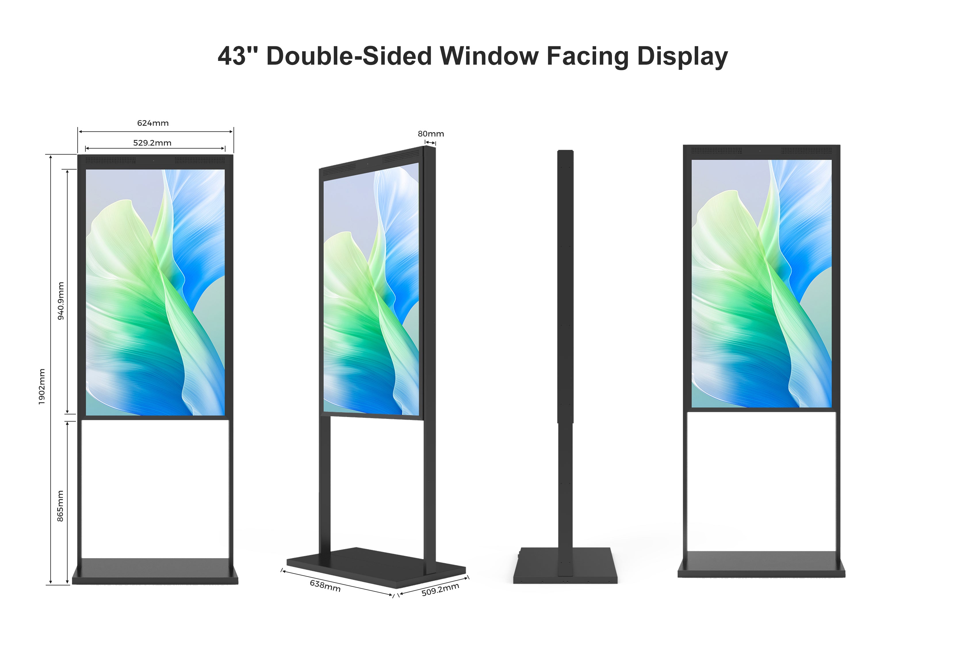 43" doppelseitiges, hochhelles LCD-Fensterdisplay, 2500 Nits vorne + 700 Nits hinten, Android 2+32G, ohne Touch, Cloud/APP/USB, Hänge-/Bodenständer