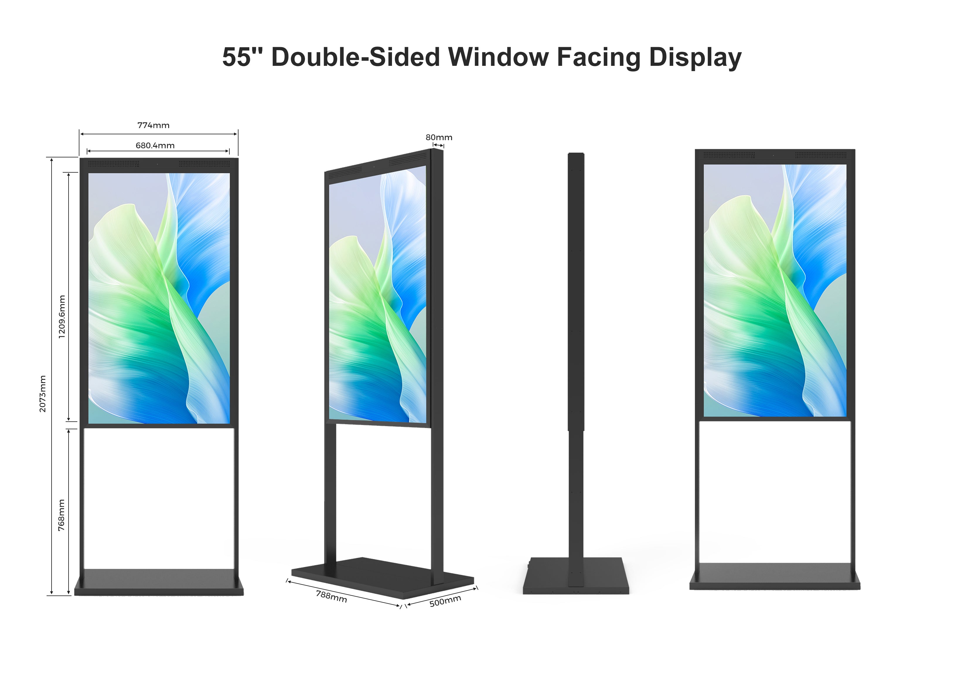 Écran LCD double face haute luminosité 55", 2 500 nits à l'avant et 700 nits à l'arrière, Android 2+32 G, non tactile, Cloud/APP/USB, support suspendu/au sol