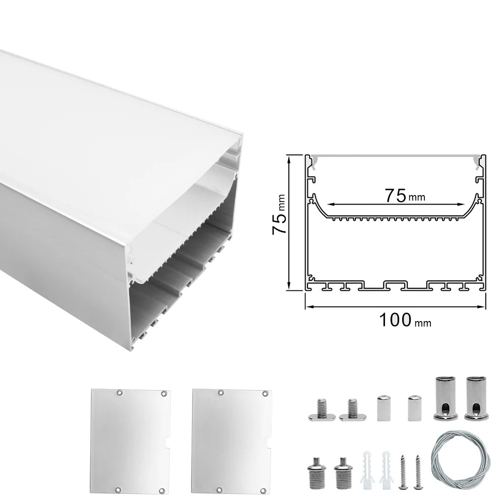 Breiter LED-Aluminium-Pendelkanal H10075B – 75 mm Innenbreite | Silber | Milchweiße Abdeckung | Mit Installationszubehör | – Aufhängung für lineare Bürobeleuchtung – 1 m / 2 m | 10er-/20er-Pack