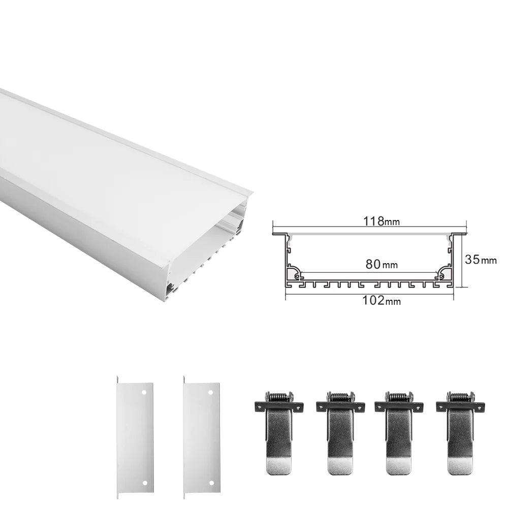 Breiter LED-Einbau-Aluminiumkanal H10235B – 80 mm Innenbreite | Silber | Milchweiße Abdeckung | Mit Installationszubehör | – Bündige Montage, lineare Bürobeleuchtung – 1 m / 2 m | 10er-/20er-Pack
