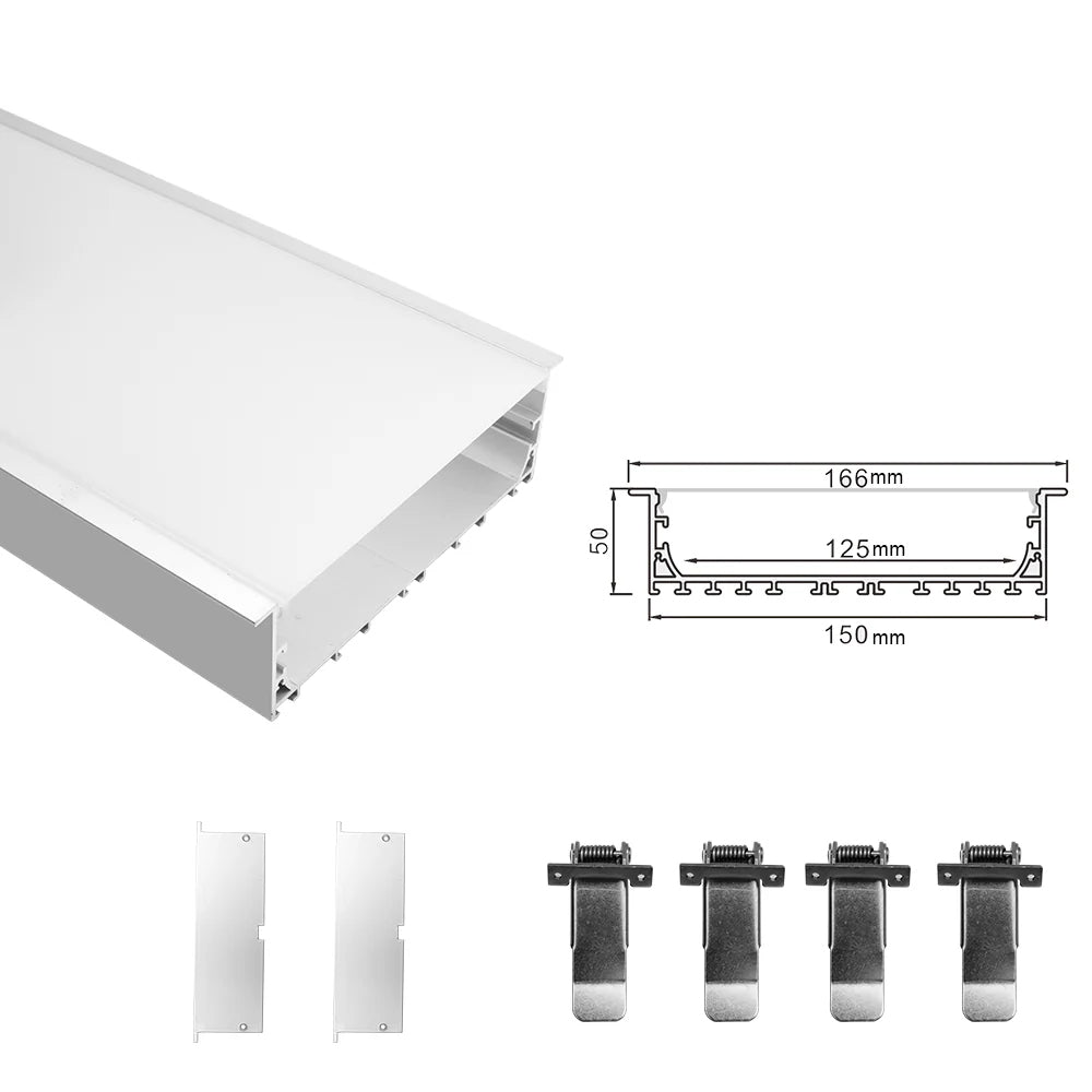 Breiter LED-Einbau-Aluminiumkanal H15050B – 125 mm Innenbreite | Silber | Milchweiße Abdeckung | Mit Installationszubehör | – Bündige Montage, lineare Bürobeleuchtung – 1 m / 2 m | 10er-/20er-Pack
