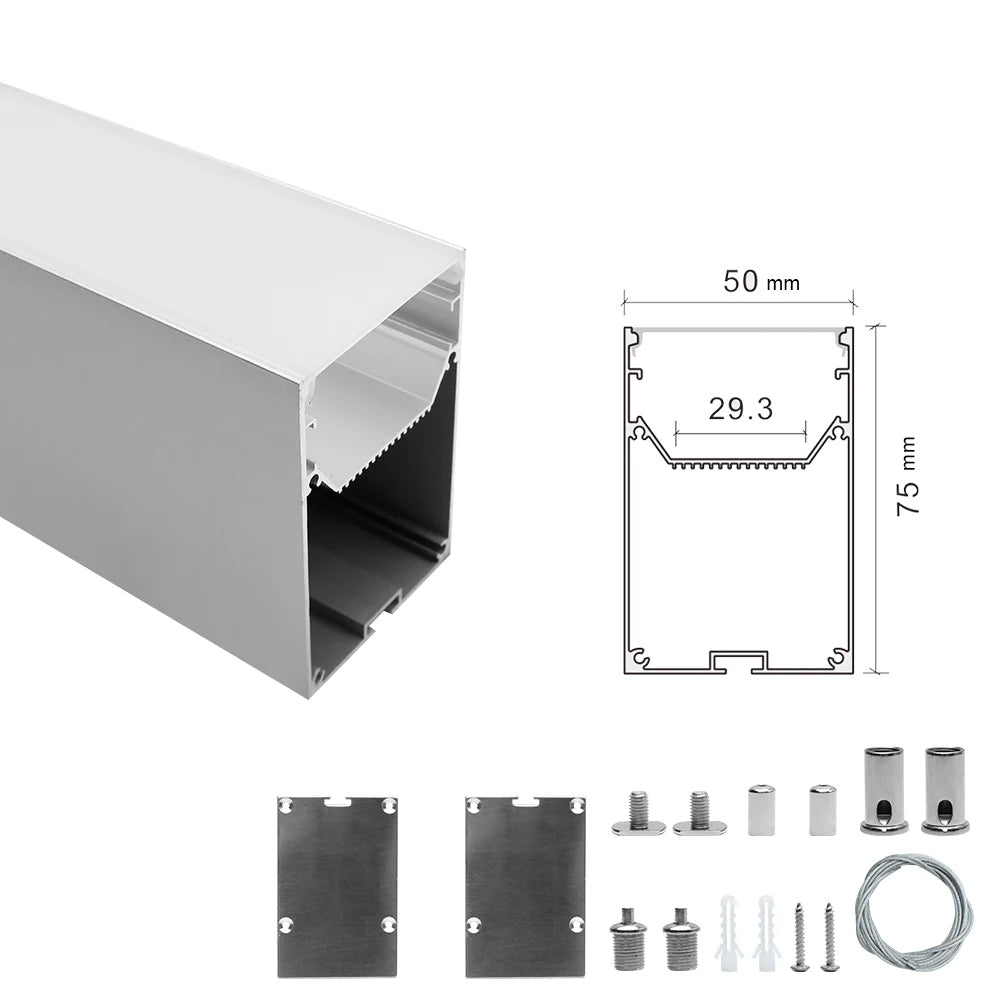 Breiter LED-Aluminium-Pendelkanal H5075B – 29,3 mm Innenbreite | Silber | Milchweiße Abdeckung | Mit Installationszubehör | – Aufhängung für lineare Bürobeleuchtung – 1 m / 2 m | 10er-/20er-Pack