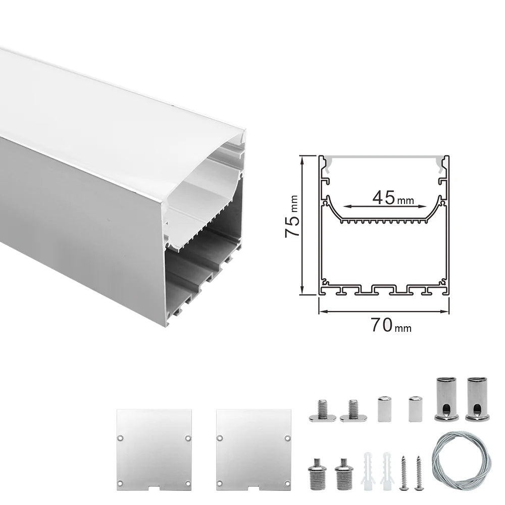 Breiter LED-Aluminium-Pendelkanal H7075B – 45 mm Innenbreite | Silber | Milchweiße Abdeckung | Mit Installationszubehör | – Aufhängung für lineare Bürobeleuchtung – 1 m / 2 m | 10er-/20er-Pack