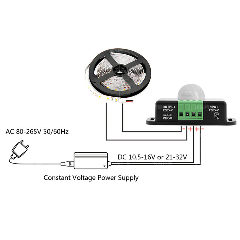 Einfarbiger LED-Streifen-Bewegungssensorschalter – DC12V-24V 6A | PIR-Infrarot-Bewegungsmelder-Controller | Für LED-Streifen