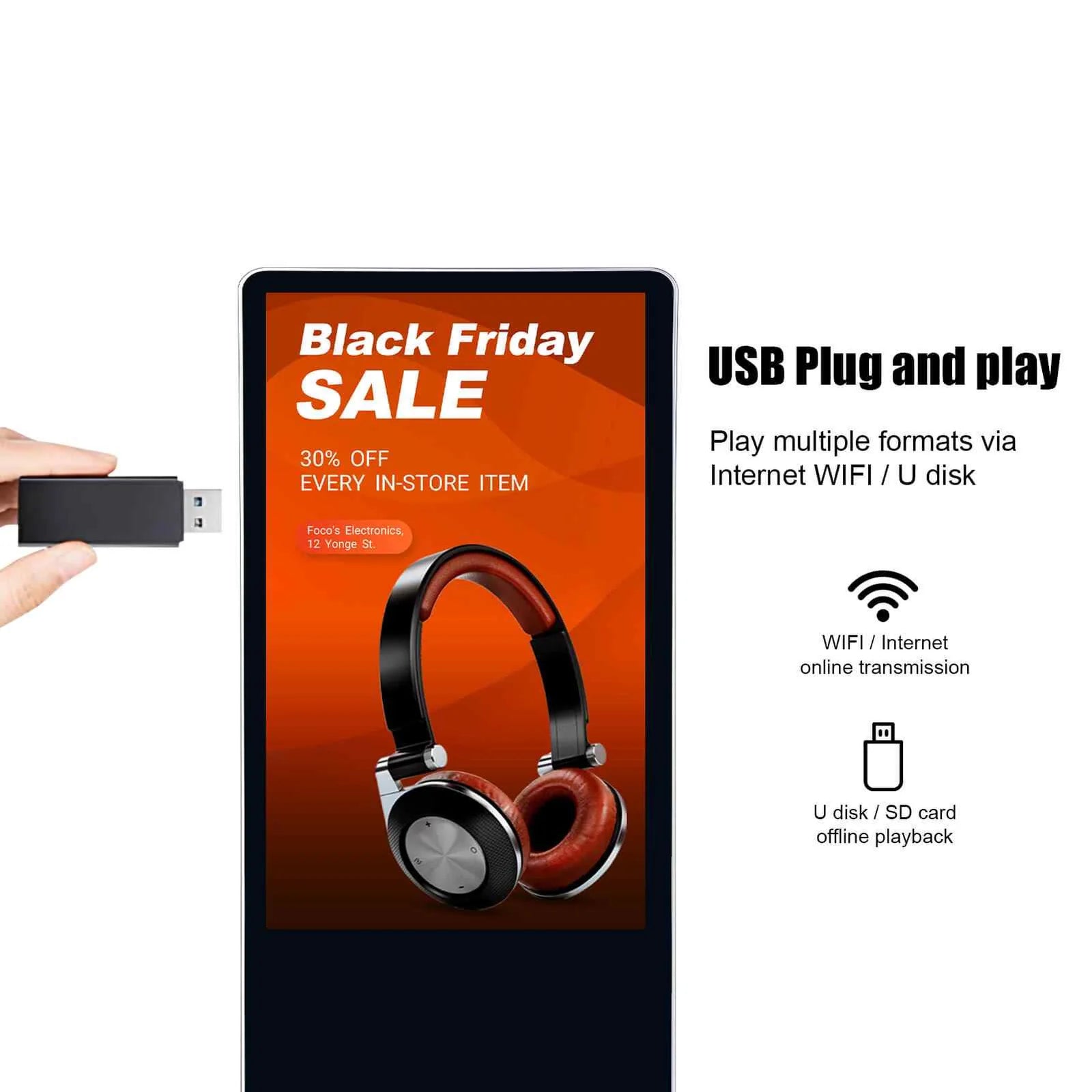 50‘’ Indoor Single-Sided Floor-Standing LCD Advertising Koisk with Wheel Stand | Android RK3568 2GB+16GB | Non-Touch / Infrared / Capacitive Touch | CMS Preinstalled