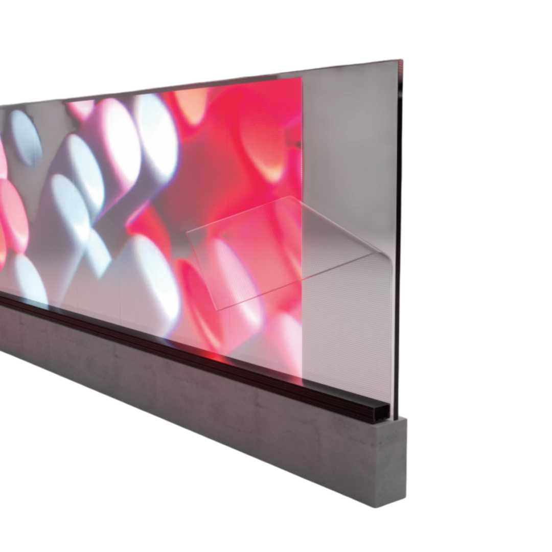 Film adhésif LED transparent P15 – 390 × 990 mm (15,35 × 38,98 po) | 3 000 nits | Écran autocollant en verre transparent à 94 % pour façades et vitrines de magasins | Plusieurs options de kits | Prêt à l'emploi