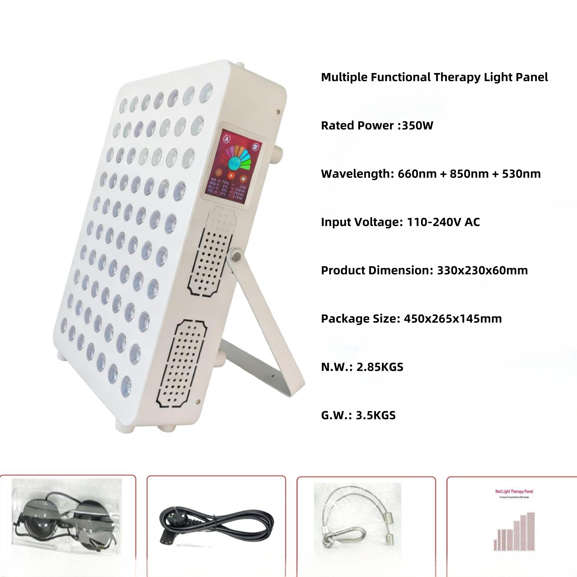 350W Touch Screen Desktop Infrared Therapy Lamp – Red 660nm & Green 530nm & IR (NIR) | 3-Channel Independent Control | Dimmable & Timer | AC100–240V | Desktop Stand / Hanging Mount | for Skin Beauty | Protective Goggles Included | US / EU / UK / AU Plug