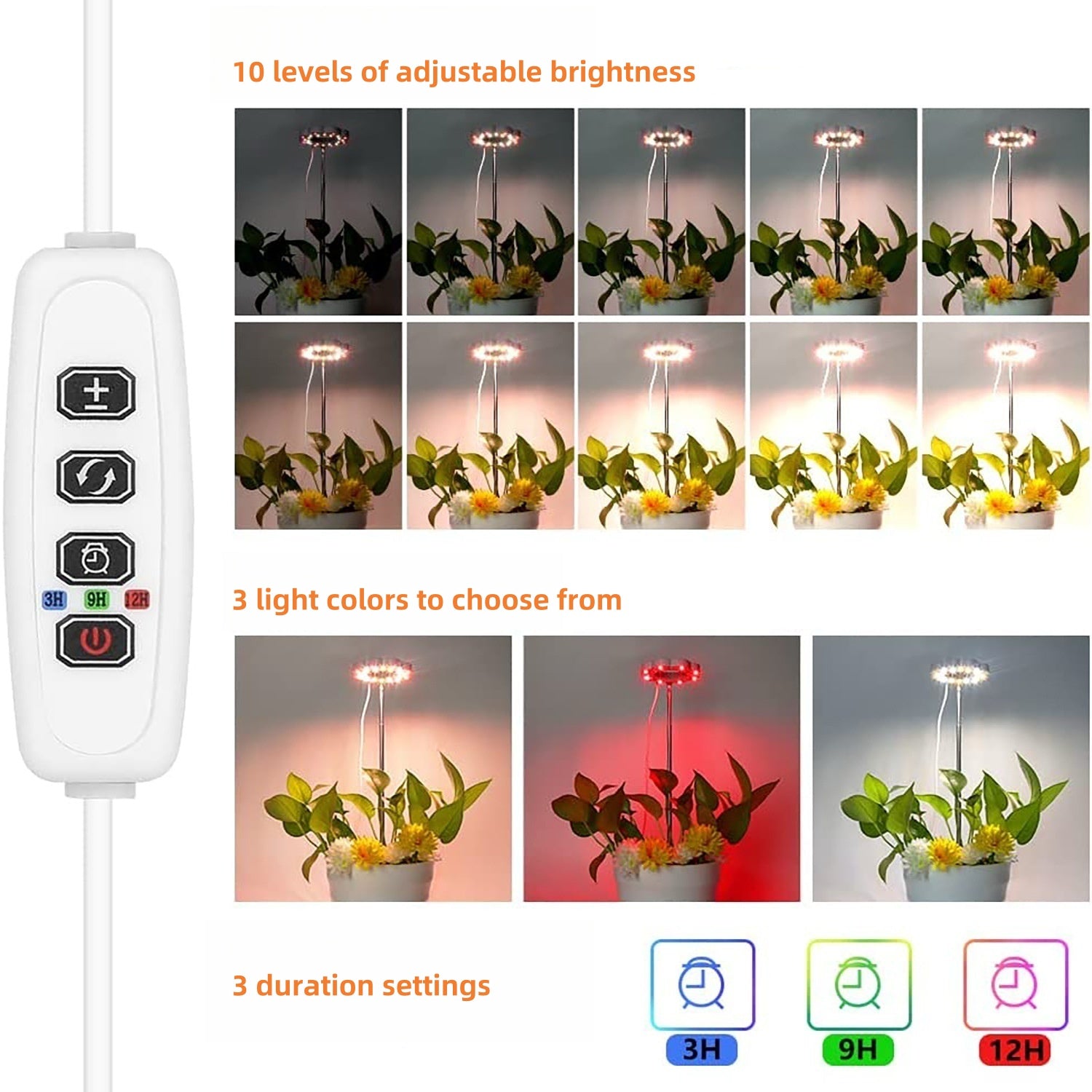 Potted Plants LED Grow Light - 5V | Height Adjustable | Auto On/Off Timer | Full Spectrum | Stake / Desk Base | Dimmable Brightness | Halo Plant Lamp for Indoor Plants Growing | USB Plug | 1 / 2 Pack