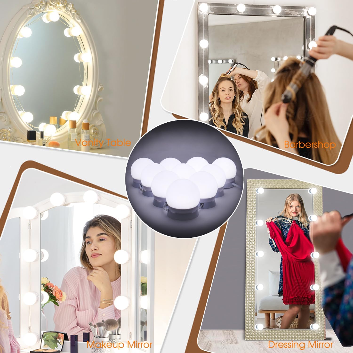 Kit d'éclairage LED pour miroir de courtoisie style Hollywood avec 10 ampoules réglables de 1,77 po à 3 couleurs, idéal pour le maquillage et la coiffeuse dans le dressing.