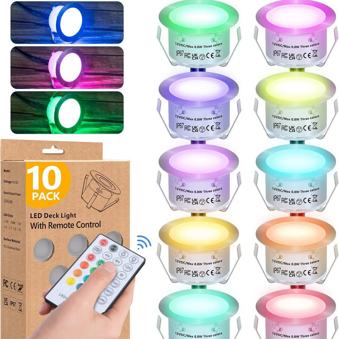 10-Pack RGB Recessed LED Deck Lights – Remote Control | AC100–265V Input with Power Adapter | US / EU / UK / AU Plug Options | IP67 Waterproof Inground Step Lights Kit for Deck, Garden, Yard, Stairs & Pathway Lighting