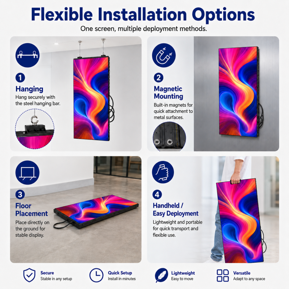 EP-RS Series Rollable LED Poster Display | 500×1000mm | P2.6 / P1.95 / P1.56 / P1.25 | Lightweight, Flexible & Portable | Supports Hanging & Magnetic Installation