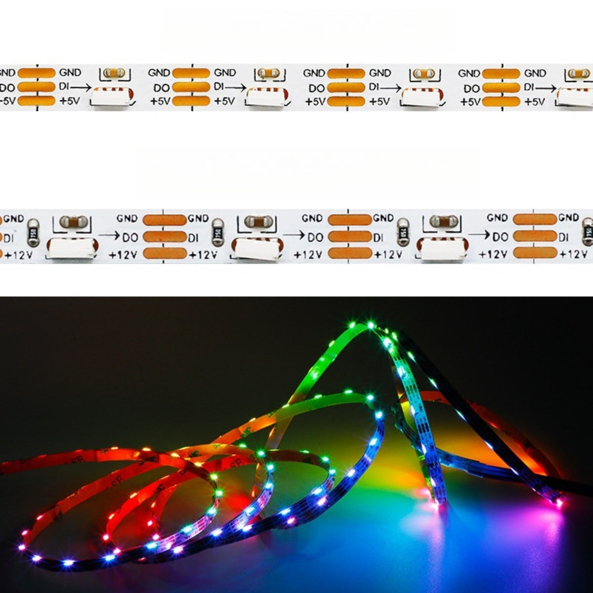 WS2812 Side Emitting RGBIC LED Strip Light - DC5V / 12V | 5mm PCB | SMD4040 Individually Addressable | 60 LEDs/M | White PCB | Non-Waterproof | Flowing Multicolor LED Strip for Party, Decoration, Home DIY Lighting Projects | 5/50M